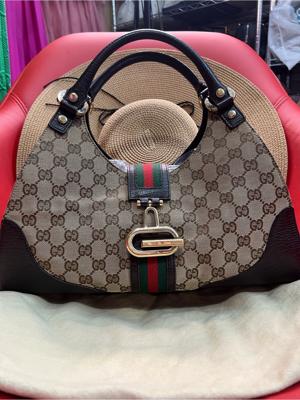 Gucci Brown GG Canvas Shoulder Hobo with Green-Red Web and Gold Accent